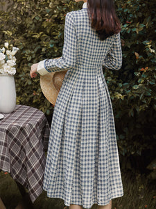 Blue And White Plaid  Long Sleeve 1950S Vintage Dress