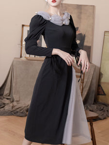 Black Empire Style Long Sleeve With Pearl Vintage Dress For Women