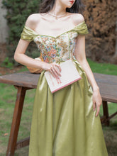 Load image into Gallery viewer, Green Rose Floral Off Shoulder 1950S Vintage Dress
