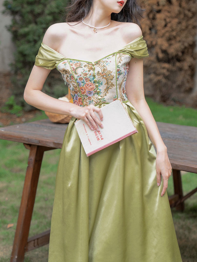 Green Rose Floral Off Shoulder 1950S Vintage Dress, Green / S