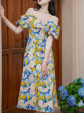 Load image into Gallery viewer, Yellow And Blue Floral Print Off Shoulder 1950S Dress
