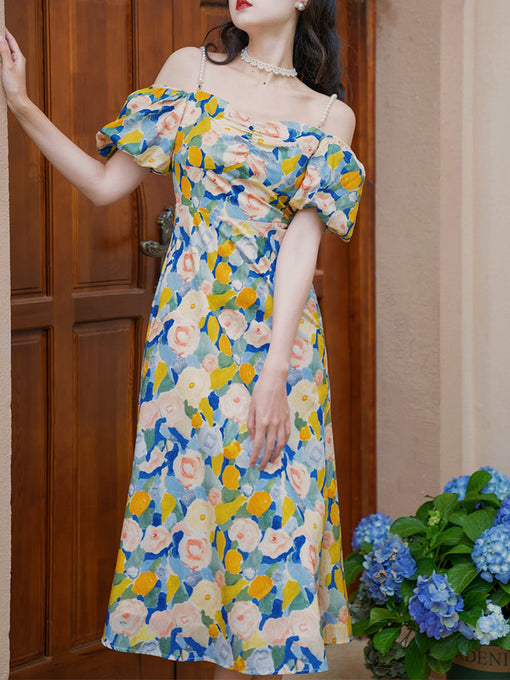 Yellow And Blue Floral Print Off Shoulder 1950S Dress