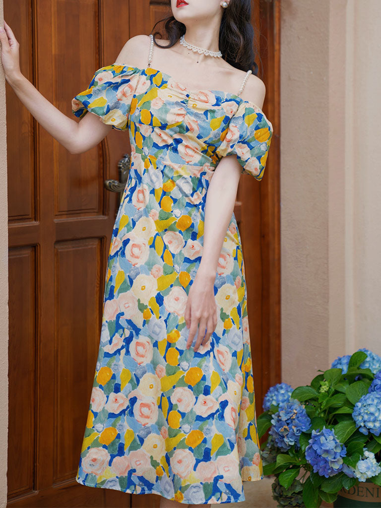 Yellow And Blue Floral Print Off Shoulder 1950S Dress