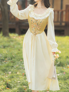 Yellow Square Neck Ruffle Corset Vintage Fairy Dress