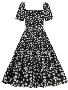 Square Neck Daisy Print Retro 1950S Dress