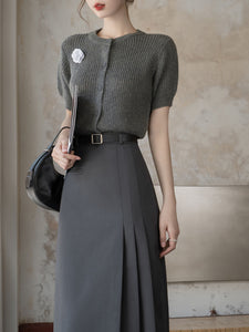 2PS Grey Short Sleeve Knitted Sweater And Fishtail Skirt Suit