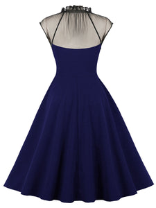 Purple Stand Ruffles Collar Semi-Sheer Sleeveless 1950S Vintage Dress