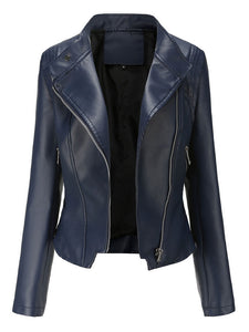 Navy Long Sleeve PU Leather Motorcycle Jacket