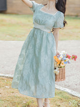 Load image into Gallery viewer, Green Square Collar Puff Sleeve Summer 1950S Flower Vintage Dress