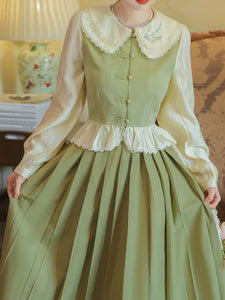 2PS Light Green Peter Pan Collar Ruffles Blouse And Green Swing Skirt 1950S Dresss Set