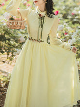 Load image into Gallery viewer, Yellow Flower Embroidered Puff Long Sleeve Edwardian Revival Dress