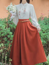 Load image into Gallery viewer, 2PS 1950S White Cat Embroidered Long Sleeve Shirt And Orange Swing Skirt Suit