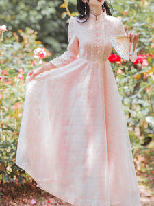 Pink Embroidered Puff Long Sleeve Edwardian Revival Dress
