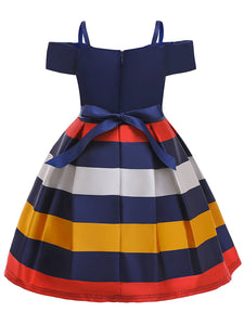 Kids Little Girls' Dress Stripe Off Shoulder Party Birthday Christening Dress