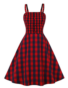 Red Plaid Spaghetti Strap Elastic Back High Waist 1950 Vintage Dress