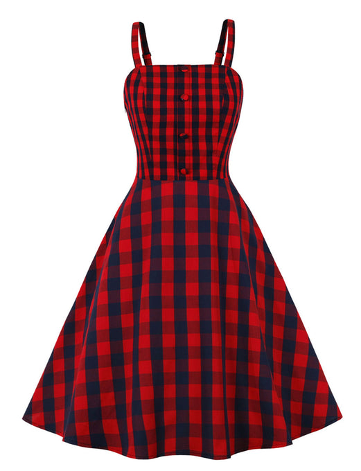 Red Plaid Spaghetti Strap Elastic Back High Waist 1950 Vintage Dress