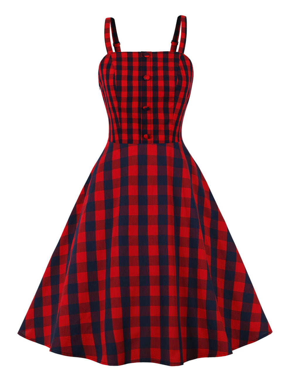 Red Plaid Spaghetti Strap Elastic Back High Waist 1950 Vintage Dress