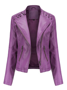 Women‘s Leather Jacket Weave Long Sleeve Winter Coat