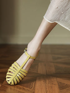 Women's Flats Sandals Pointed Toe Hollow Belt Leather Vintage Shoes