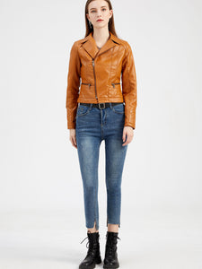 Crop Coat Long Sleeve PU Leather Motorcycle Jacket For Women