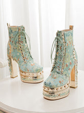 Load image into Gallery viewer, 15CM Luxury Embroidered Chunky High Heel Platform Bootie Vintage Shoes
