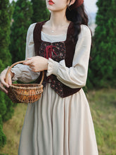 Load image into Gallery viewer, 2PS White Long Sleeve Ruffles Cottagecore Dress With Brown Embroidered Vest Suits