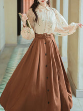 Load image into Gallery viewer, 2PS 1950S White Flower Embroidered Long Sleeve Shirt And Brown Swing Skirt Suit