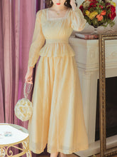 Load image into Gallery viewer, Yellow Square Neck Lace Butt Waist Ruffle 1950S Dress