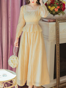 Yellow Square Neck Lace Butt Waist Ruffle 1950S Dress