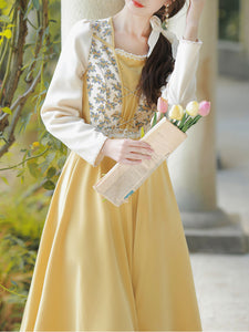 Yellow Square Neck Lace Floral Print 1950S Vintage Dress