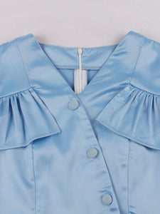 Baby Blue V Neck Cut Out Shoulder Ruffles 1950S SwingVintage Dress