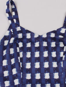 Navy Plaid Spaghetti Strap Elastic Back High Waist 1950 Vintage Dress