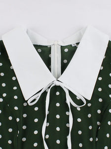 1950s Dark Green Polka Dots Puff Sleeve Vintage Dress