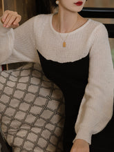 Load image into Gallery viewer, Black and White Split Long Sleeve Retro Knit Sweater Dress