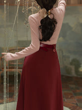 Load image into Gallery viewer, 2PS Pink Flower Sweater And Red Pleats Swing Skirt Suit