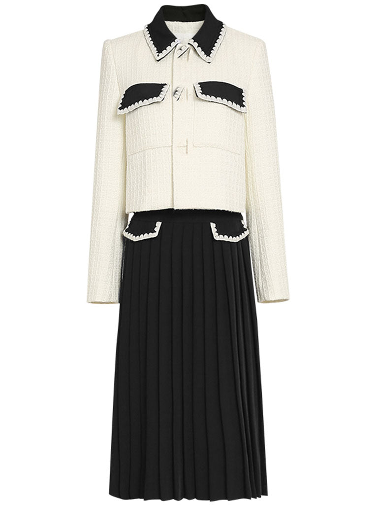 2PS White Turn-down Collar Long Sleeve Coat With Black Skirt Suits