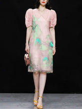 Load image into Gallery viewer, Pink Organza Puff Sleeve Vintage Dress With Belt