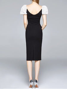 Black Puff Sleeve Buttons Pencil Dress