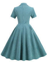 Load image into Gallery viewer, Green Plaid Turn Down Collar Short Sleeves 1950S Vintage Shirt Dress