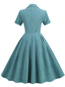 Green Plaid Turn Down Collar Short Sleeves 1950S Vintage Shirt Dress