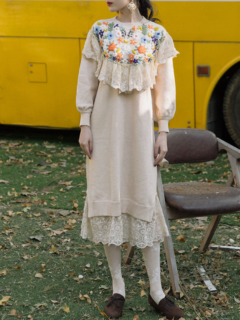 Embroidered Flower Puff Sleeve Vintage Knitting Sweater Dress Jolly Vintage Embroidered Flower Puff Sleeve Vintage Knitting Sweater Dress Jolly Vintage