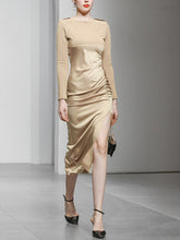 Load image into Gallery viewer, Apricot Long Sleeve Stain Vintage Split 1940S Dress