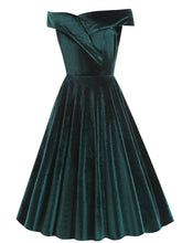 Load image into Gallery viewer, Christmas Green Off Shoulder Velvet 1950S Vintage Swing Dress
