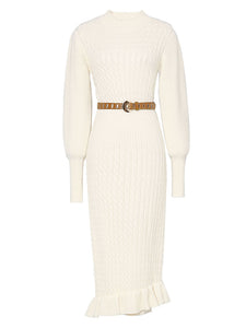 Sweet Apricot Crew Collar Long Sleeve Knitted Sweater Dress With Ruffles Hem