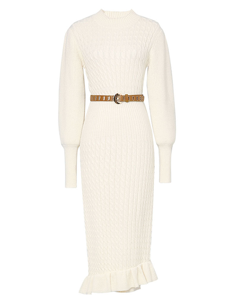 Sweet Apricot Crew Collar Long Sleeve Knitted Sweater Dress With Ruffles Hem