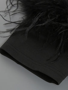 Black Spaghetti Strap Feather Off The Shoulder Bodycon Dress Sexy Gown Party Dress