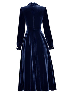 Royal Blue Peter Pan Collar Long Sleeve 1950S Velvet Vintage Dress With Pearl Button