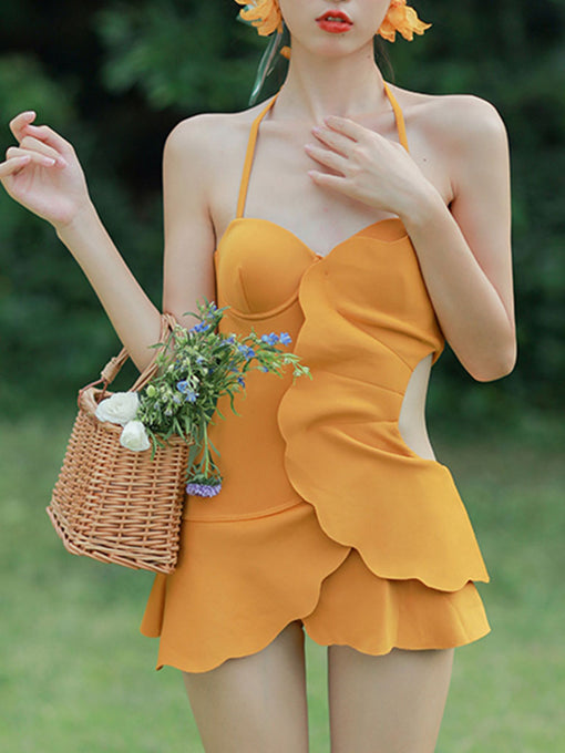 Yellow One Piece Ruffles Backless Bikini Swimwear