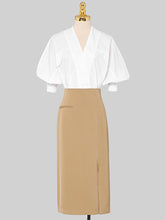 Load image into Gallery viewer, 2PS V Neck White Shirt And Khaki Split Sexy Bodycon Skirt Suit