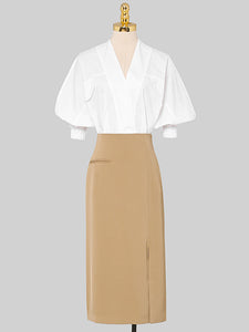 2PS V Neck White Shirt And Khaki Split Sexy Bodycon Skirt Suit